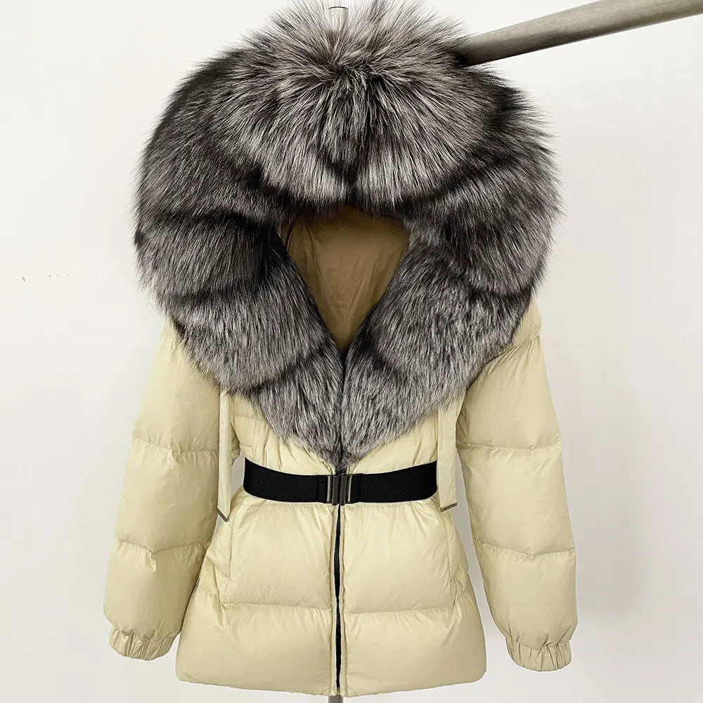 medium length woman coat duck down real fox and racoon fur