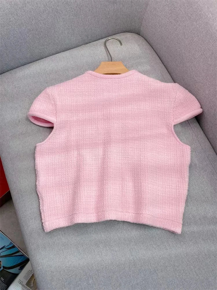 Pink Knitted Set Women Elegant Short Sleeve