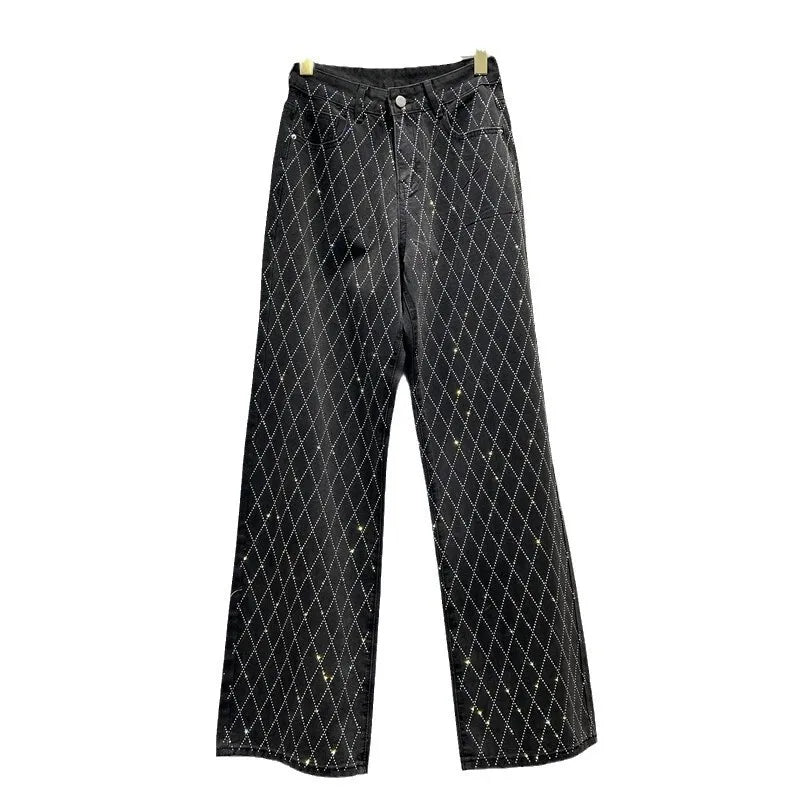 straight leg cross diamond design jeans