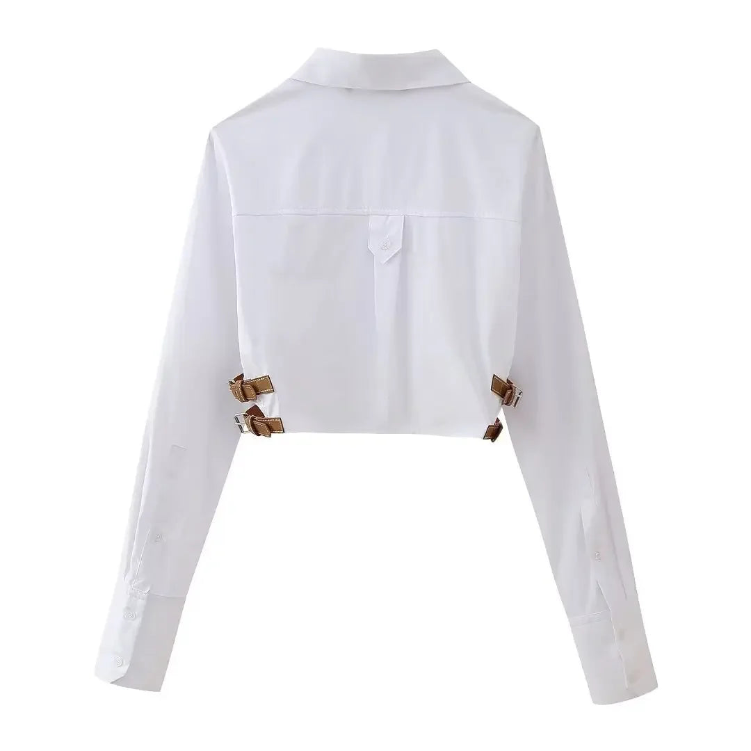 Unique Belted White Lapel Cropped Shirt