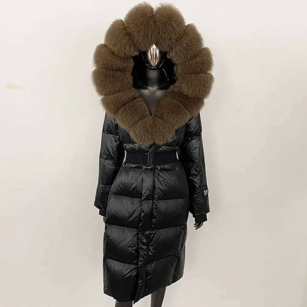 long coat with fox fur hood and belted waist