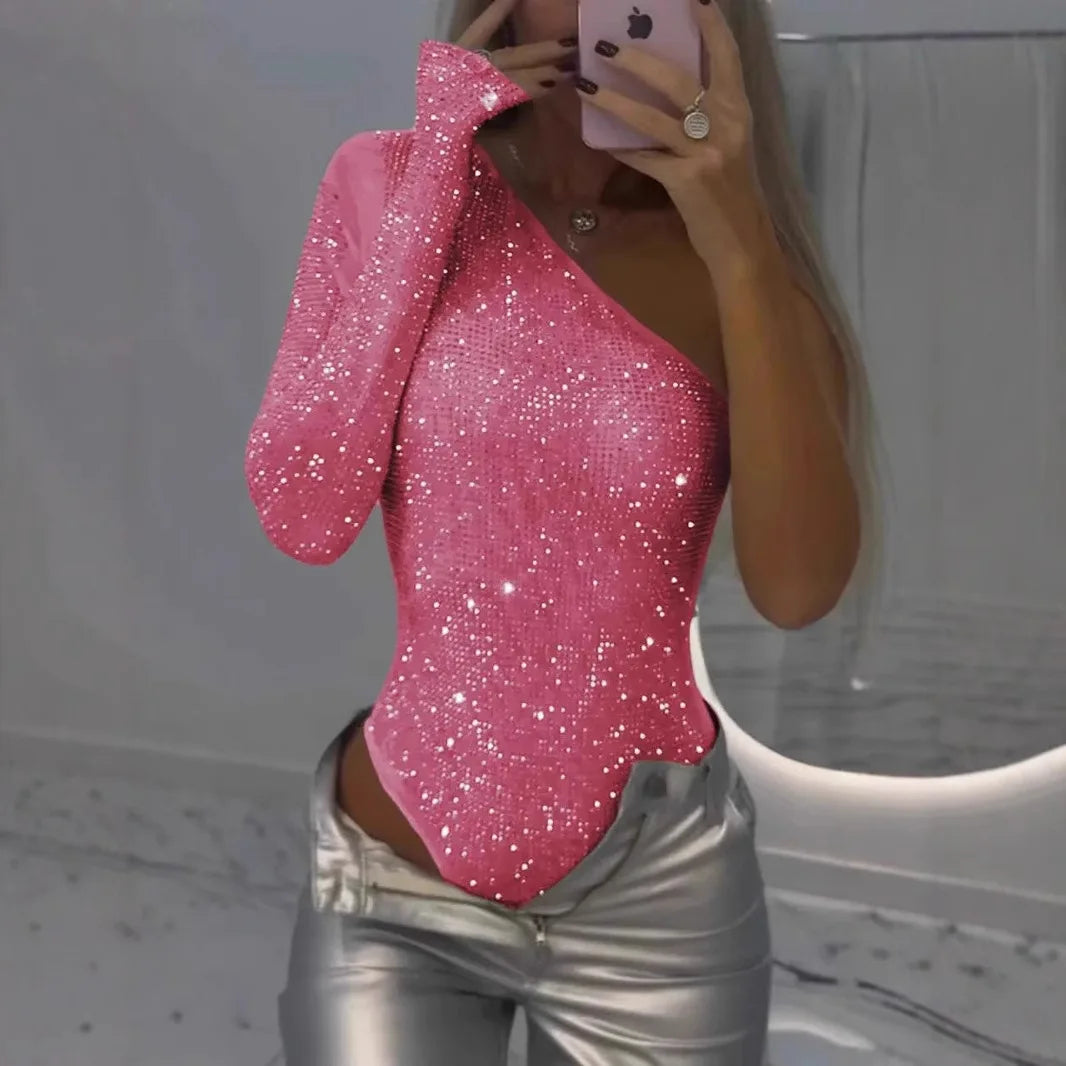 Diamonds Sequin Bodysuits One-shoulder