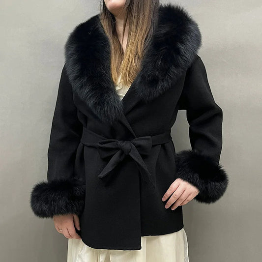 Lady Winter Trench Coats Real Fox Fur Collar