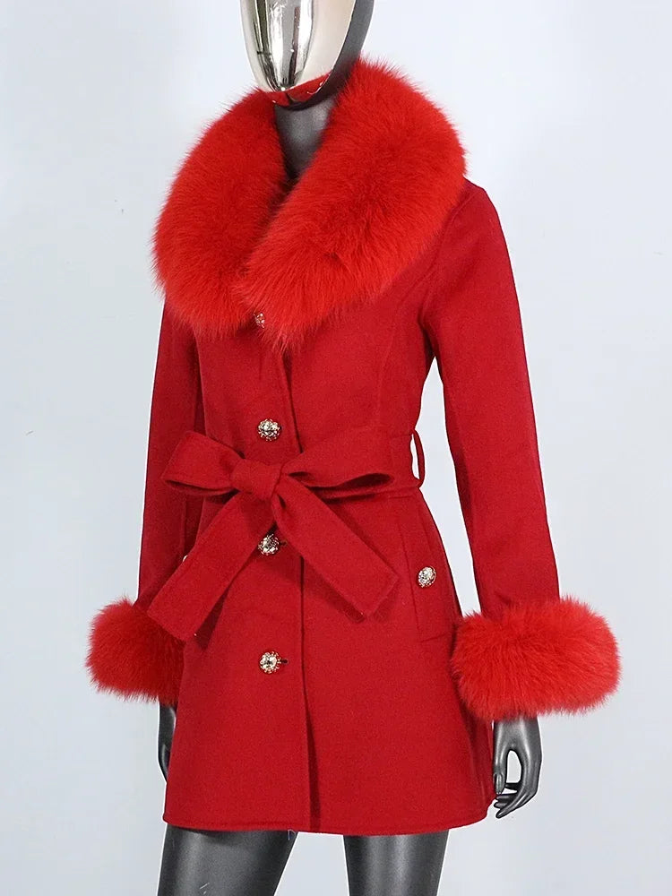 Long Winter Jacket Women Cuffs Belt Cashmere Real Fur Coat Natural Fox Fur Collar