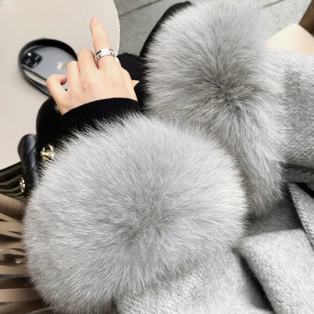 Real Wool Fur Coat Women's Removable Cuffs Fox Fur