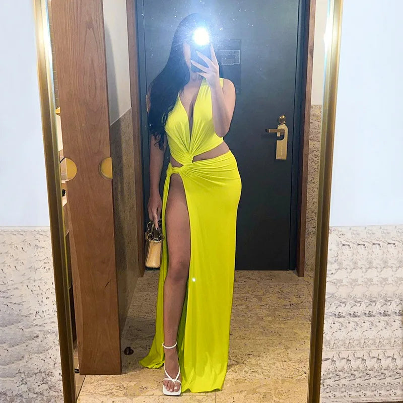 Sexy Deep V Cut Out Slit Maxi Dress