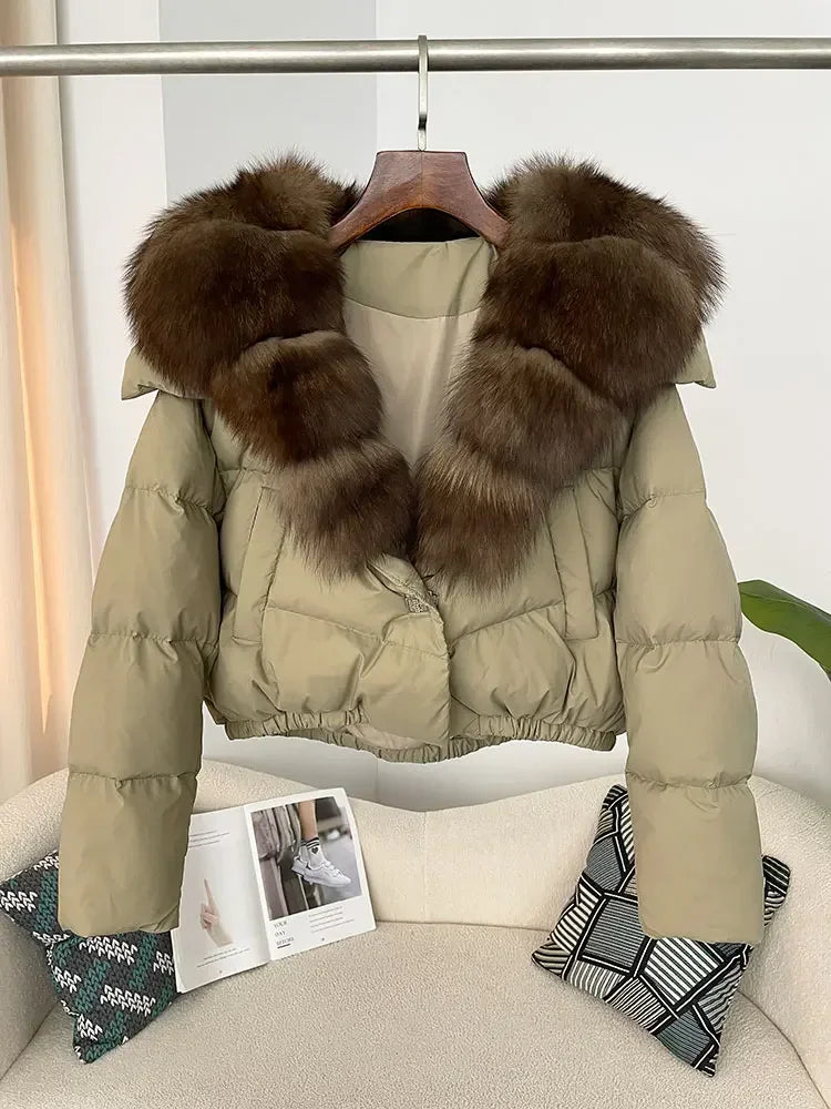 cropped duck down winter coat with real fox fur