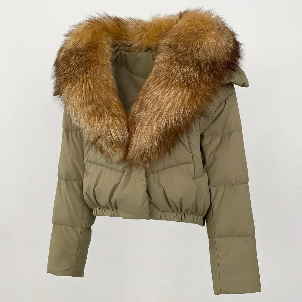 cropped duck down winter coat with real fox fur