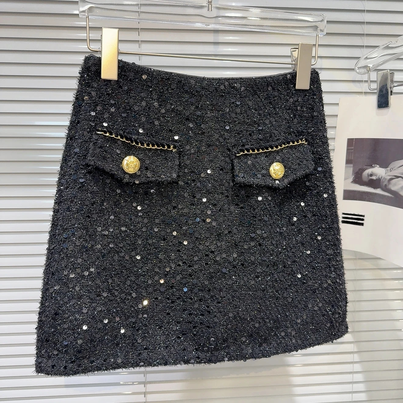 Metal Buttons Pockets Sequins Tweed Skirt