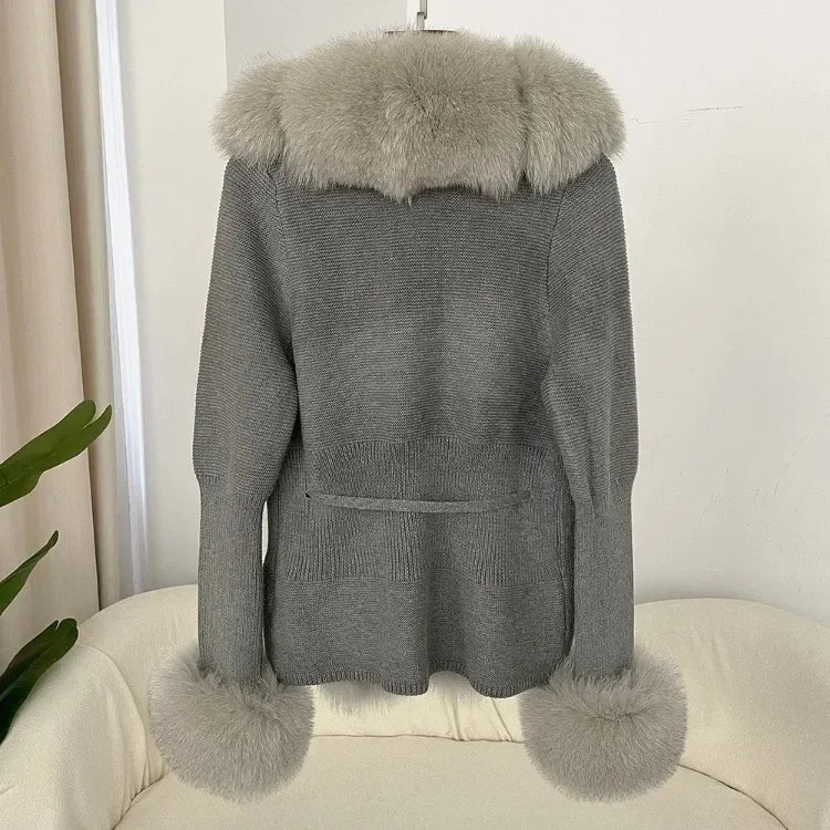 Real fox Fur Cardigan Detachable Collar