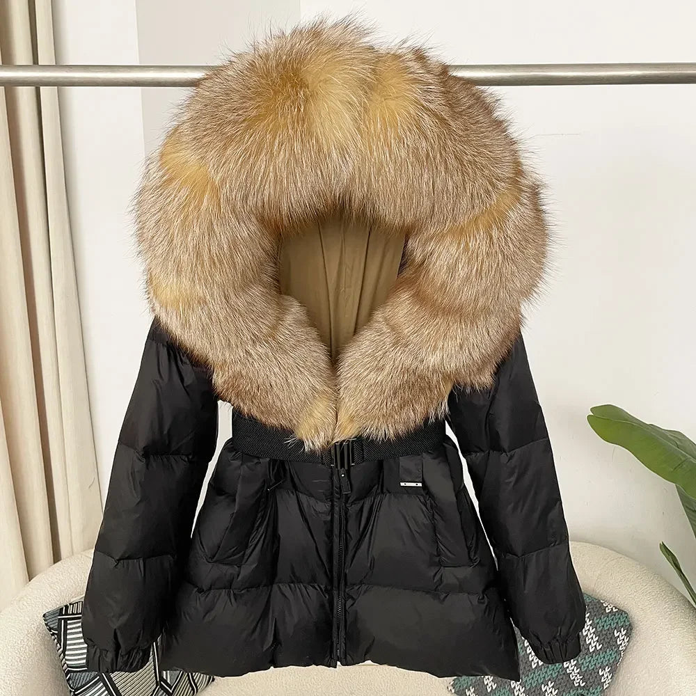 medium length woman coat duck down real fox and racoon fur