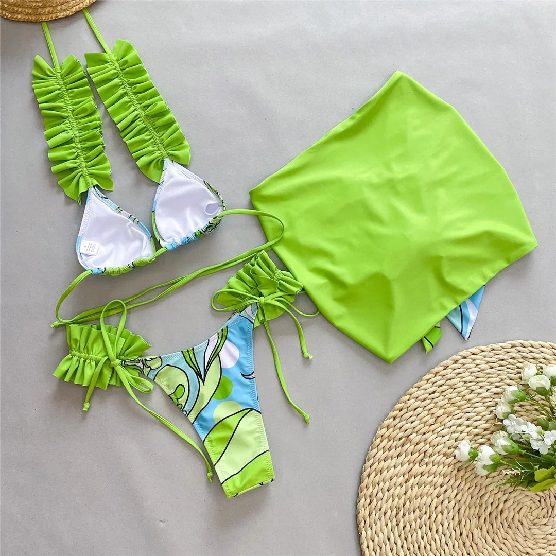 Ruffled Frilled With Skirt Three-pieces Bikini set