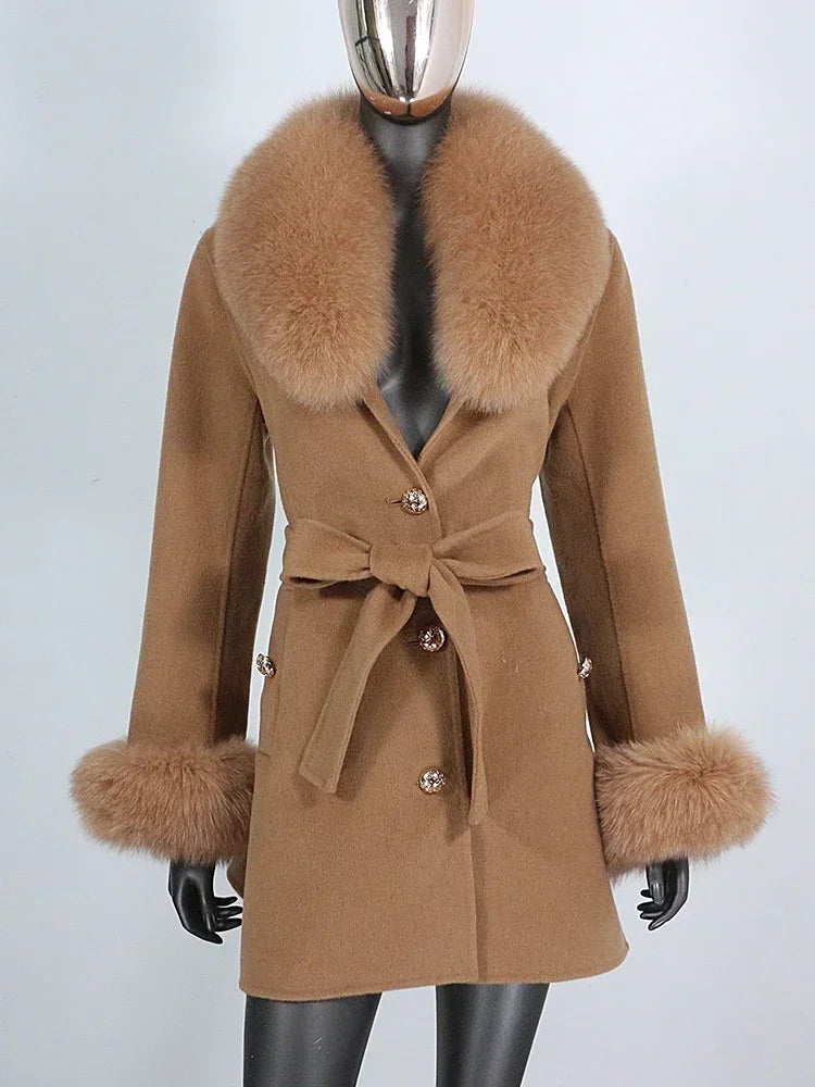 Long Winter Jacket Women Cuffs Belt Cashmere Real Fur Coat Natural Fox Fur Collar