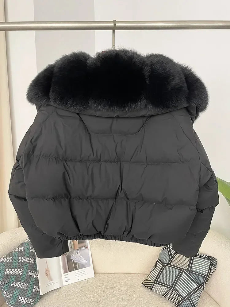 cropped duck down winter coat with real fox fur