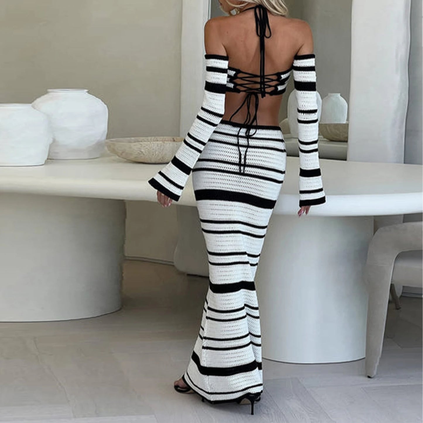 2 Piece Set Halter srtipped Slash Neck Tops and Maxi Skirts