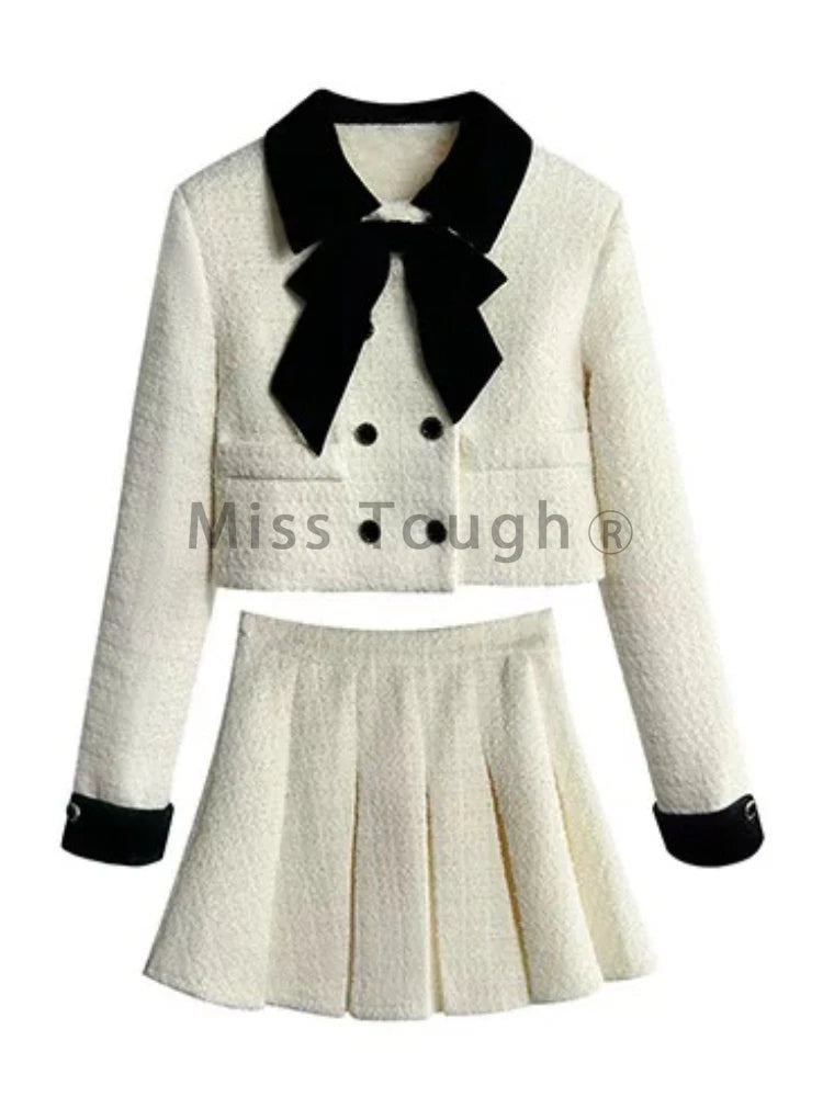 Two Piece Set Women Bow Short Coat + High Waisted Pleated Skirt