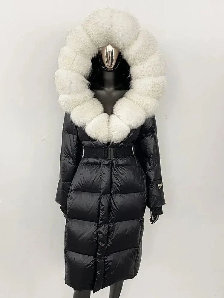 long coat with fox fur hood and belted waist