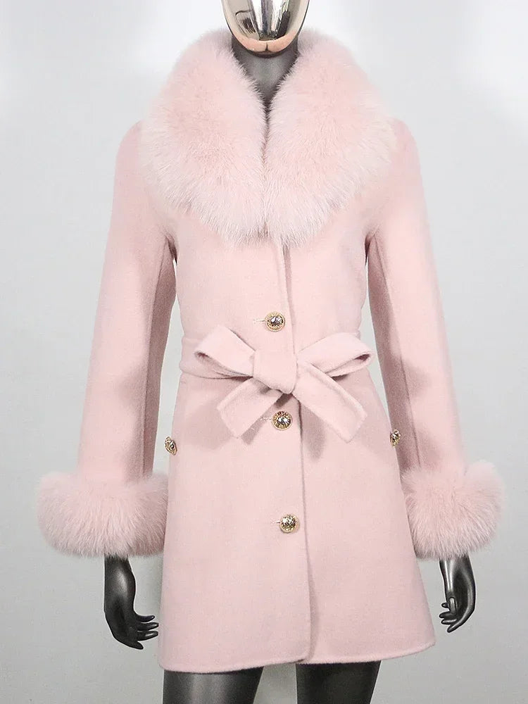 Long Winter Jacket Women Cuffs Belt Cashmere Real Fur Coat Natural Fox Fur Collar