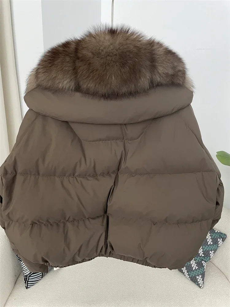 cropped duck down winter coat with real fox fur