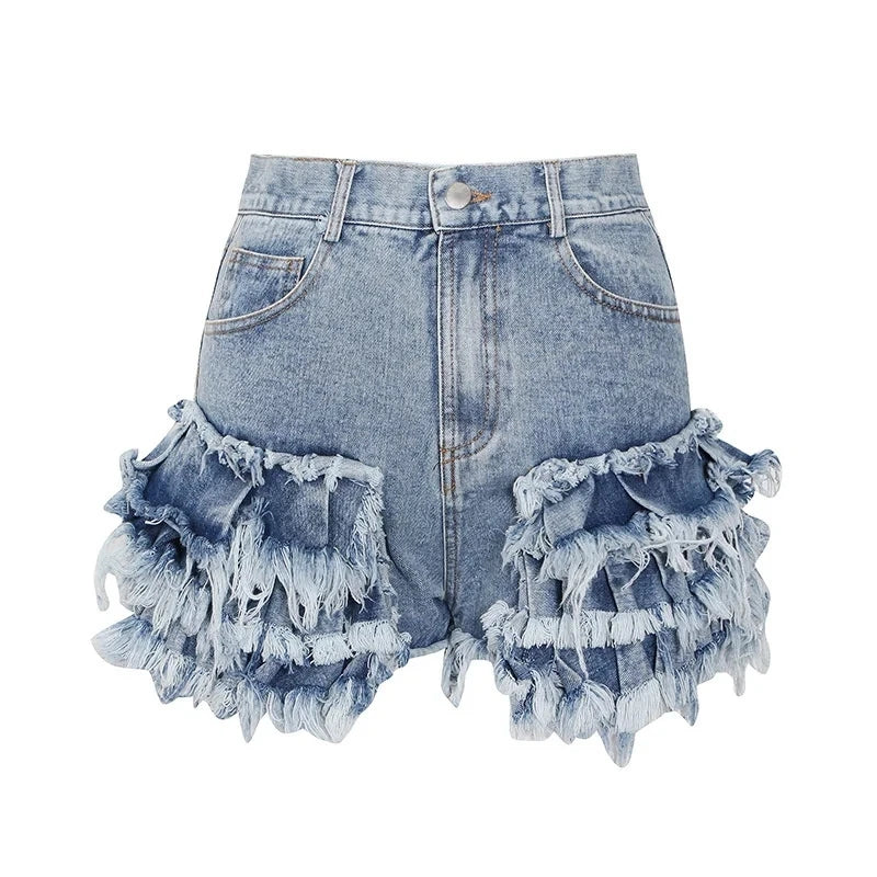 Solid Patchwork Folds Denim Short