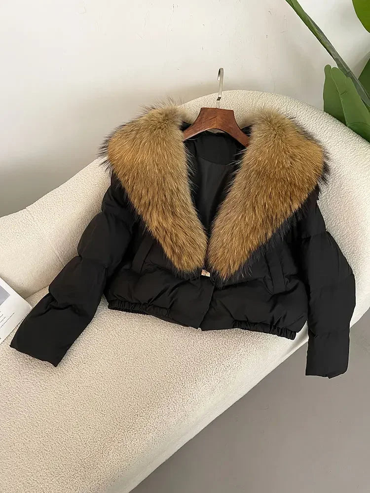 cropped duck down winter coat with real fox fur