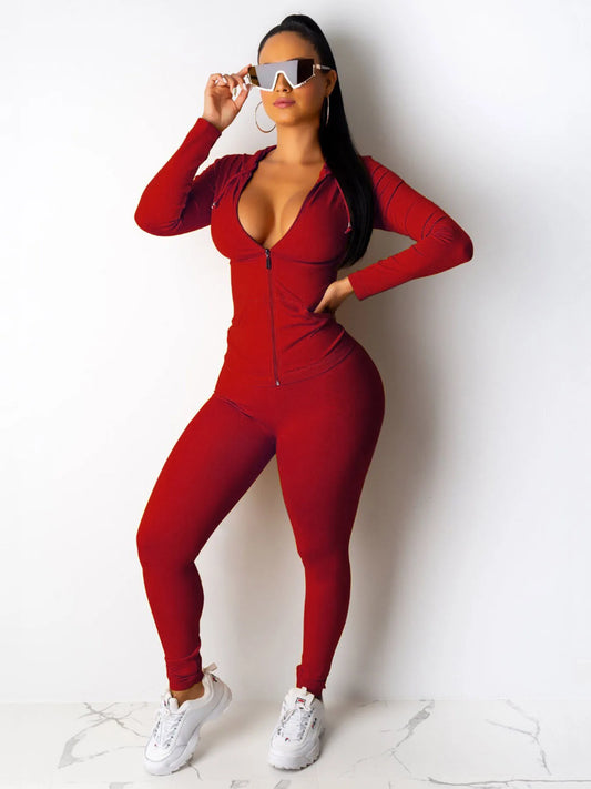 Two Piece Set Women Long Sleeve Hooded Jackets+leggings