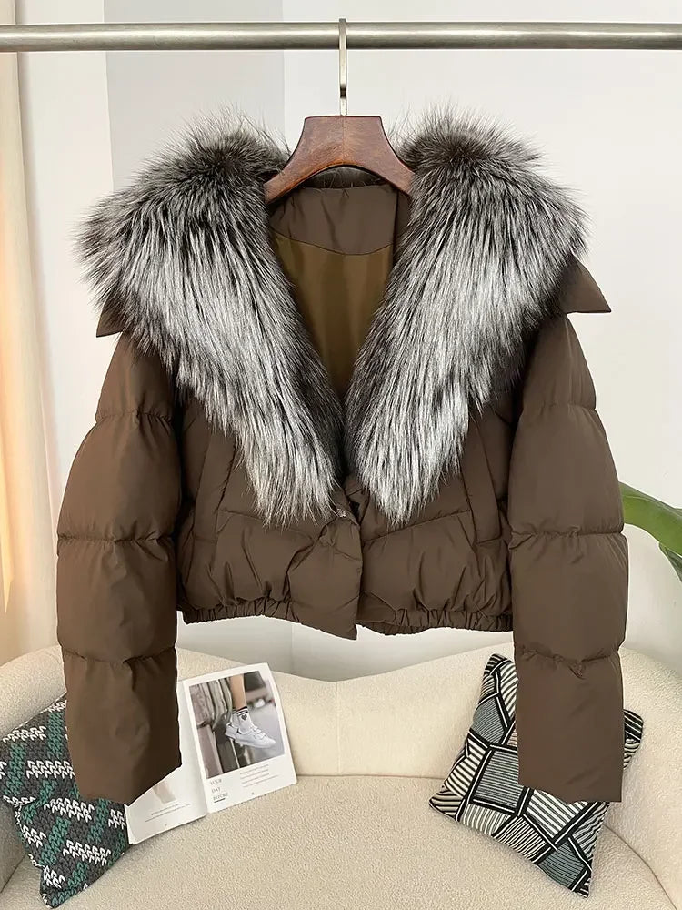 cropped duck down winter coat with real fox fur