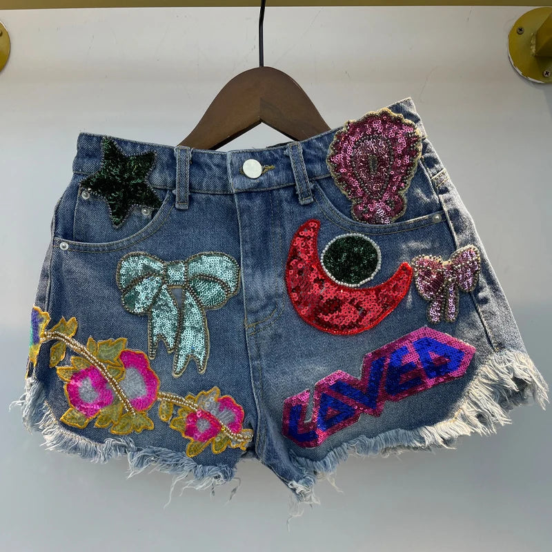 Embroidery Patch Raw Denim Shorts