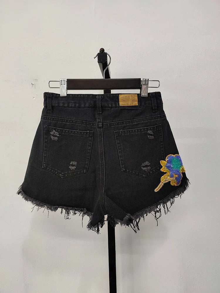 Embroidery Patch Raw Denim Shorts