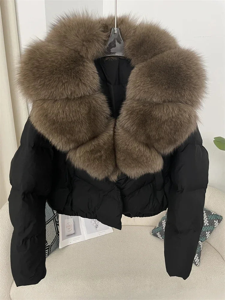 cropped duck down winter coat with real fox fur