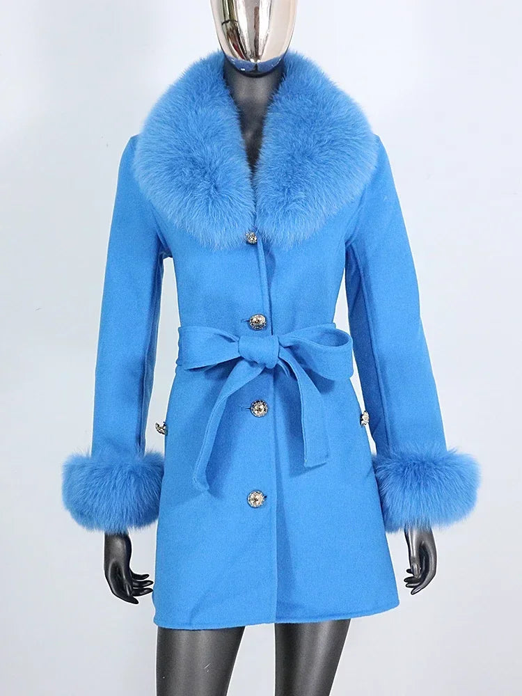 Long Winter Jacket Women Cuffs Belt Cashmere Real Fur Coat Natural Fox Fur Collar