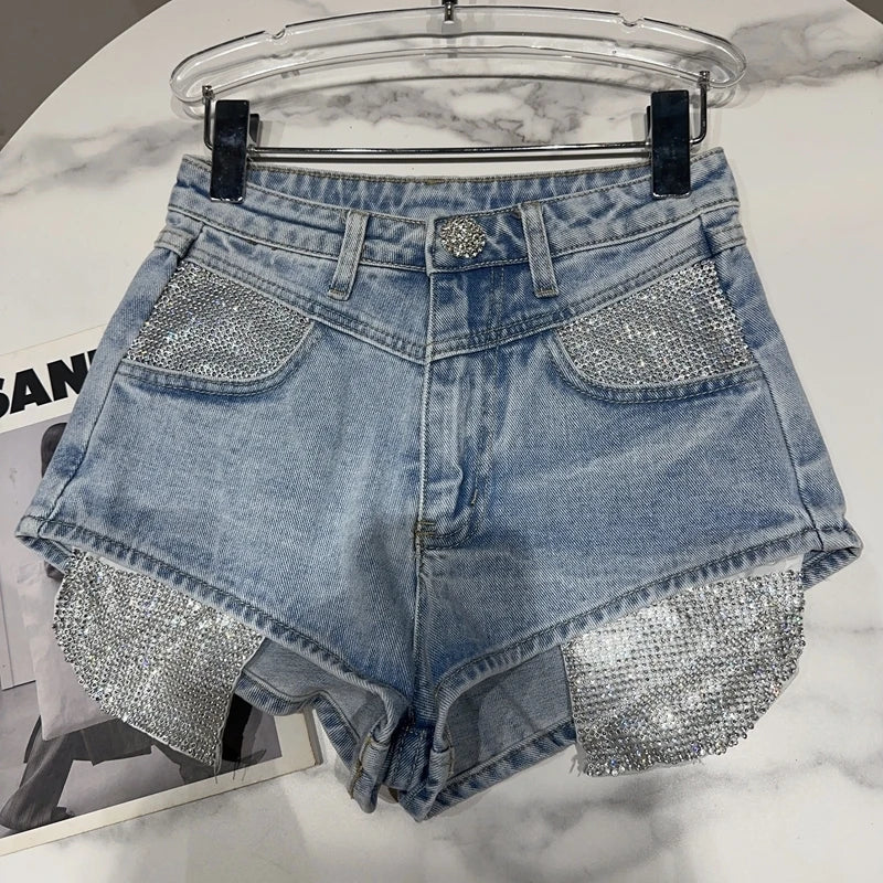 Rhinestone Pockets Light Blue Denim Shorts