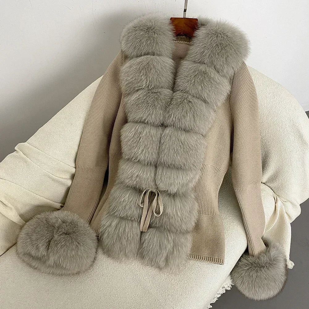 Real fox Fur Cardigan Detachable Collar