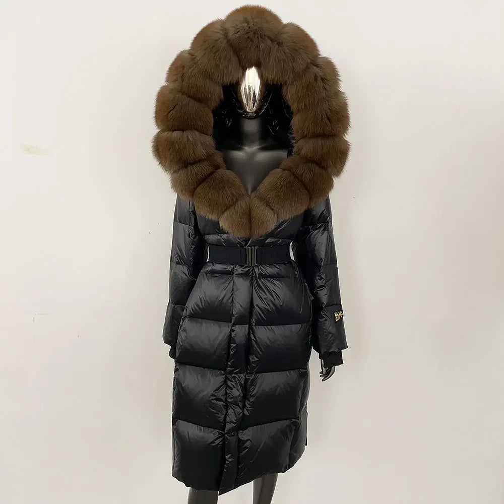 long coat with fox fur hood and belted waist