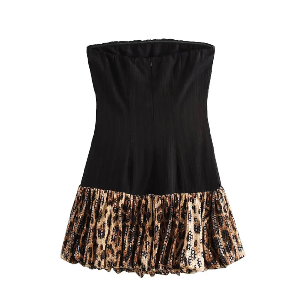 Strapless Dress Women Leopard Sequin Mini Dresses