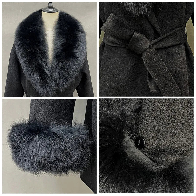 Lady Winter Trench Coats Real Fox Fur Collar