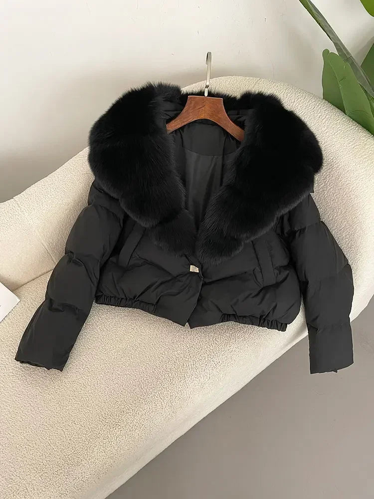 cropped duck down winter coat with real fox fur