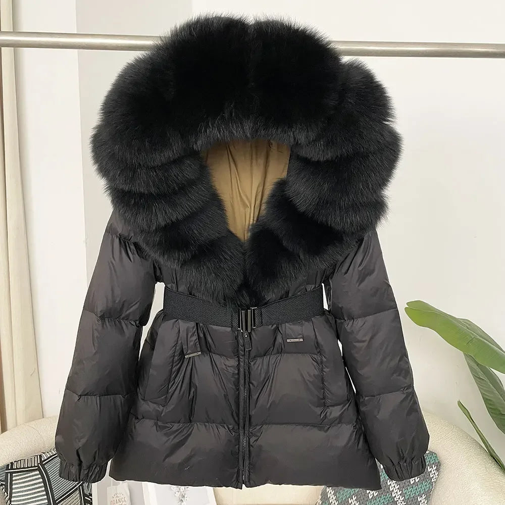 medium length woman coat duck down real fox and racoon fur