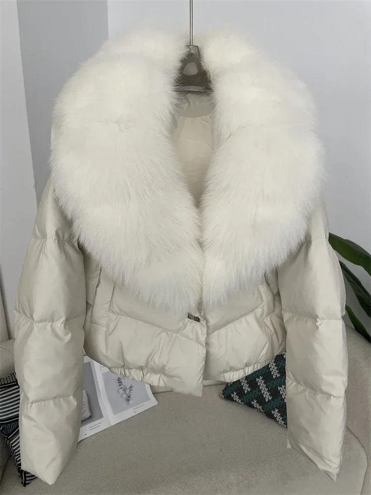 cropped duck down winter coat with real fox fur