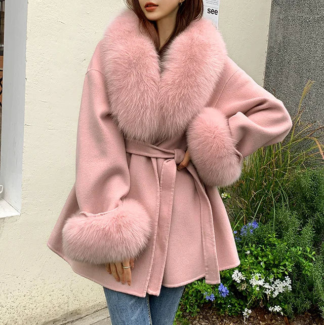 Lady Winter Trench Coats Real Fox Fur Collar