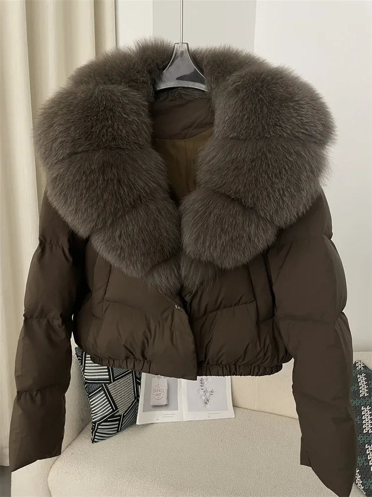 cropped duck down winter coat with real fox fur