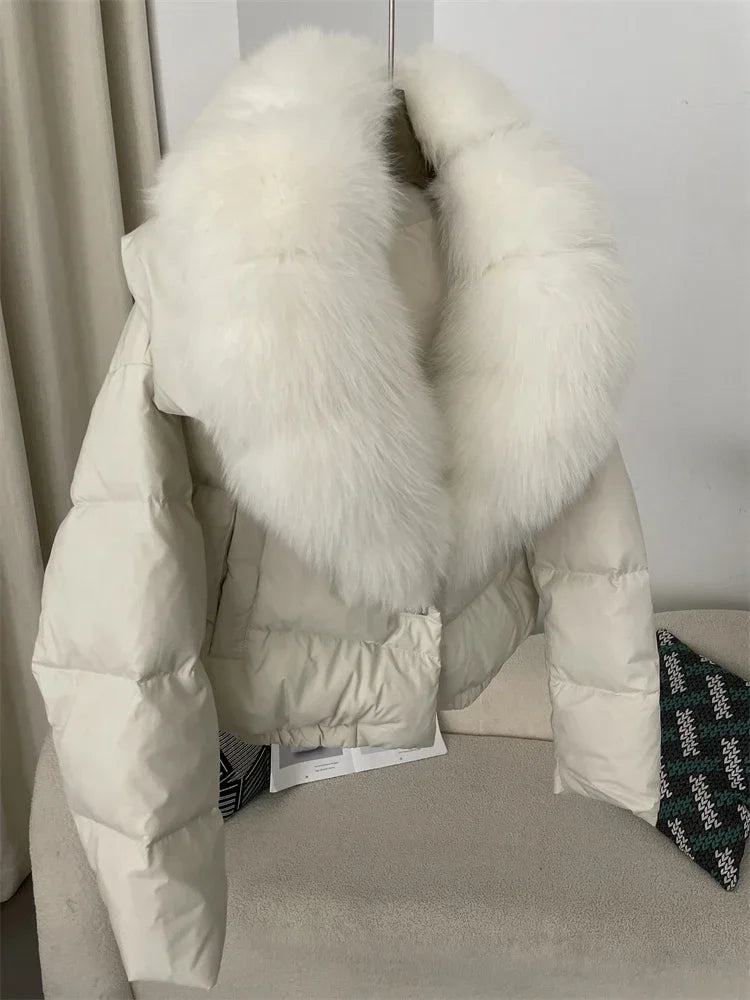 cropped duck down winter coat with real fox fur