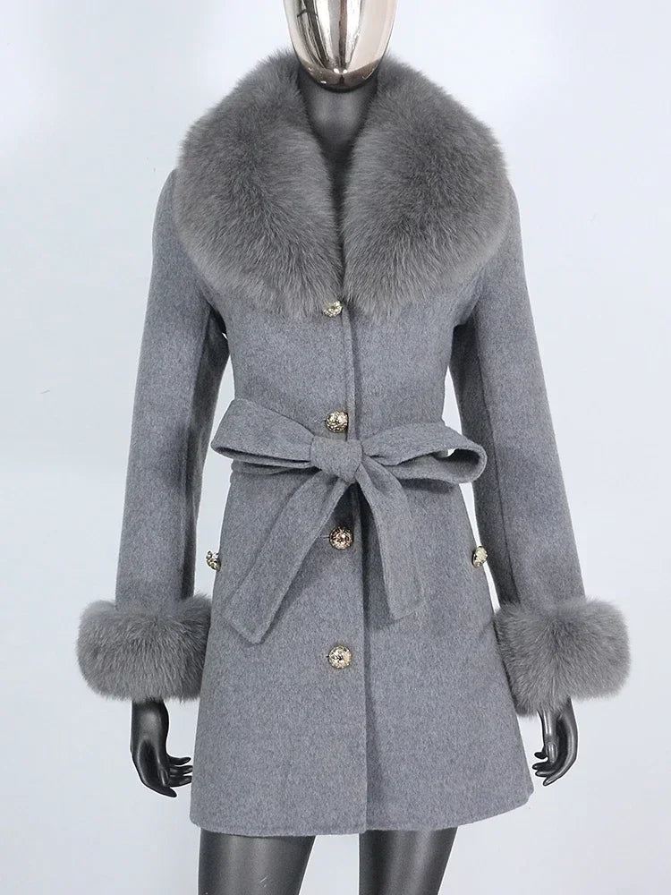 Long Winter Jacket Women Cuffs Belt Cashmere Real Fur Coat Natural Fox Fur Collar