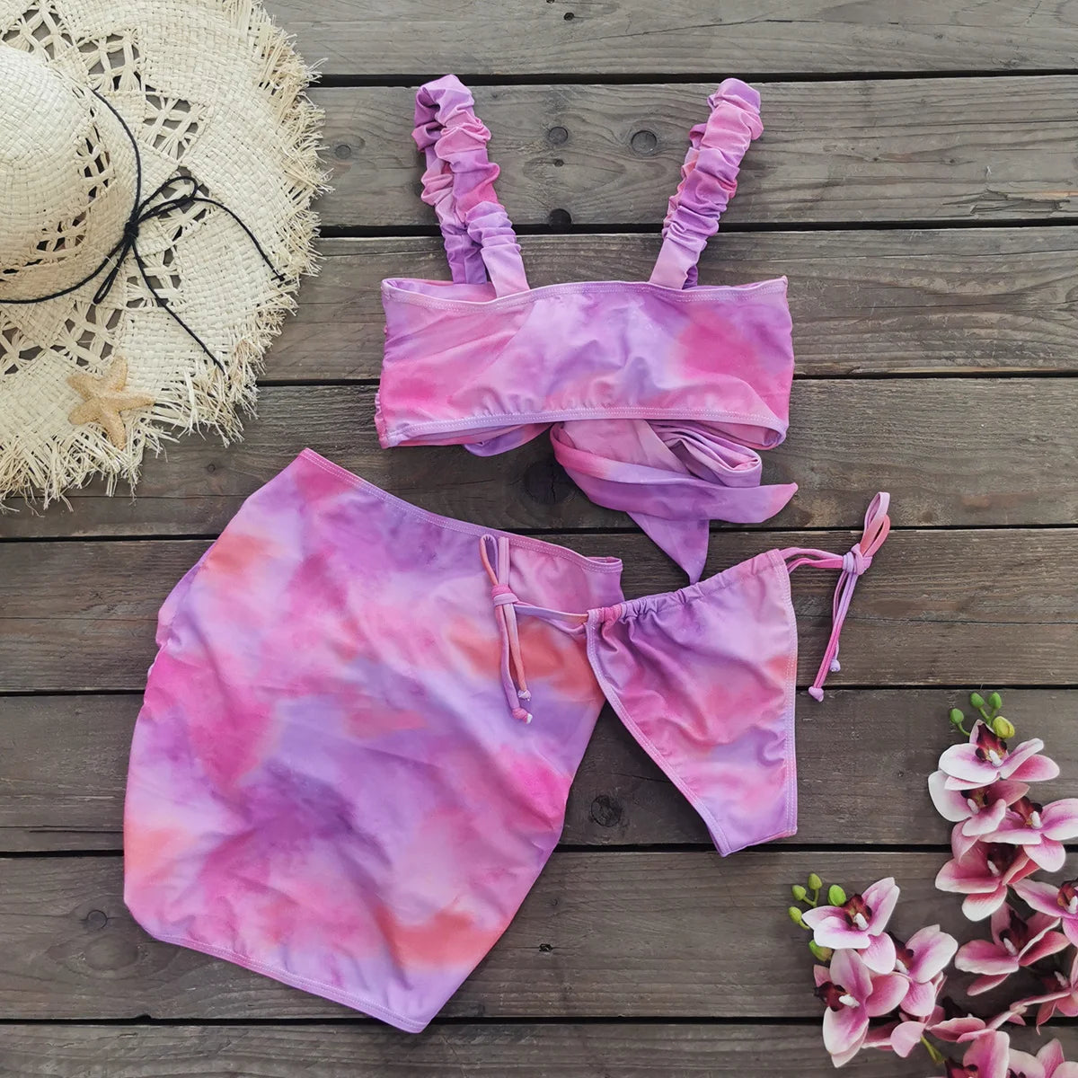 Colorful 3 Pcs Set Bikini With Skirt Women