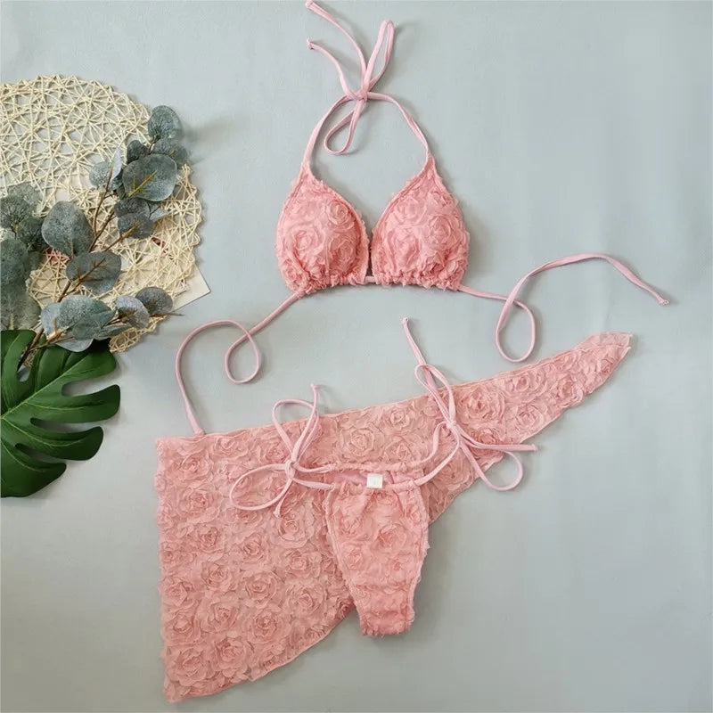 pink flower 3D bikini with sarong