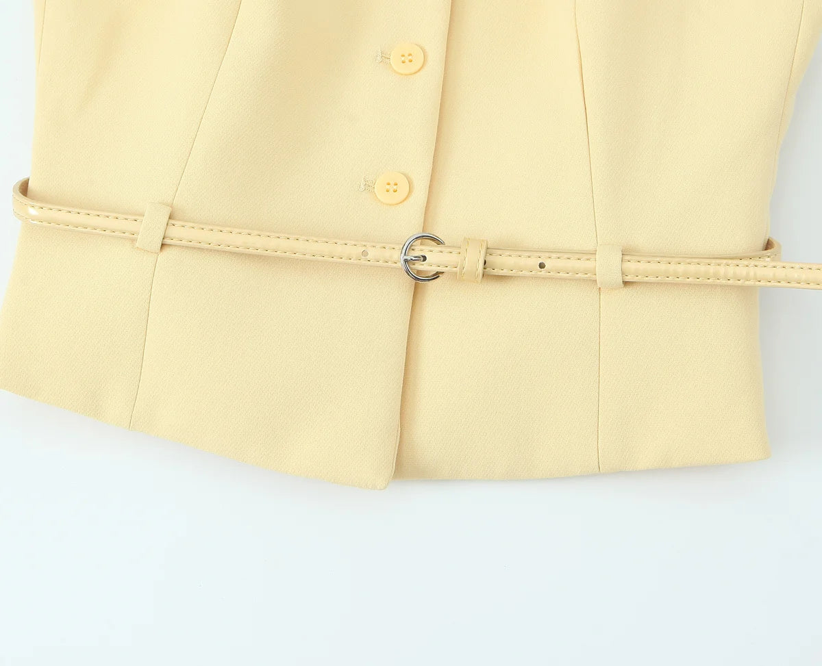 Yellow V-Neck Sleeveless Belt Tops+High Waist Pocket Belt Long Skirts