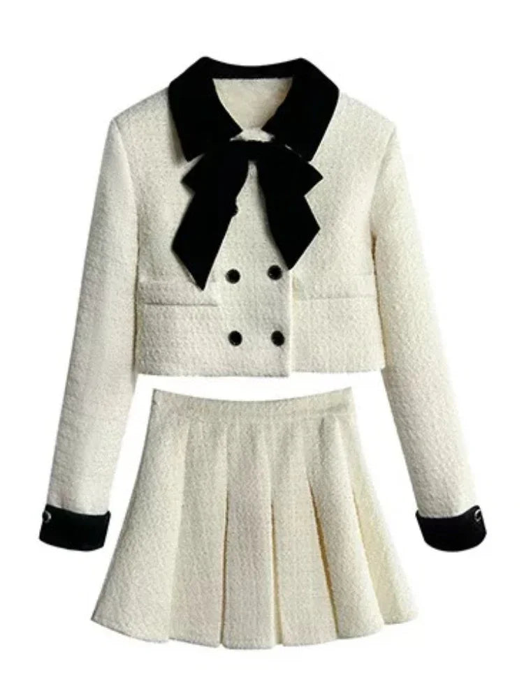 Two Piece Set Women Bow Short Coat + High Waisted Pleated Skirt