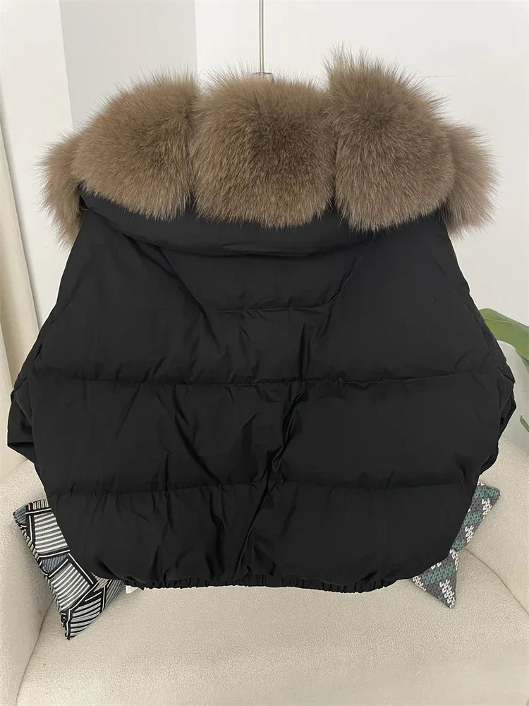 cropped duck down winter coat with real fox fur