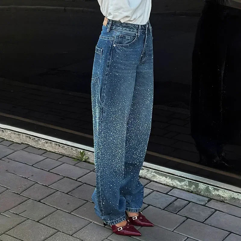 Rhinestone Wide Leg Lady Jeans