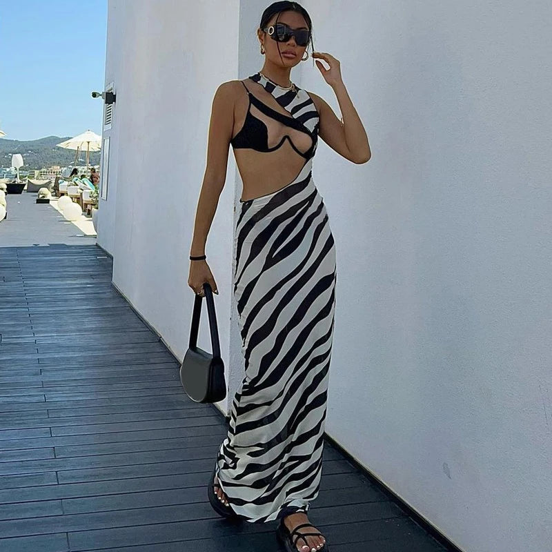 Zebra Long Beach Dress Cover-Up Transparent Mesh